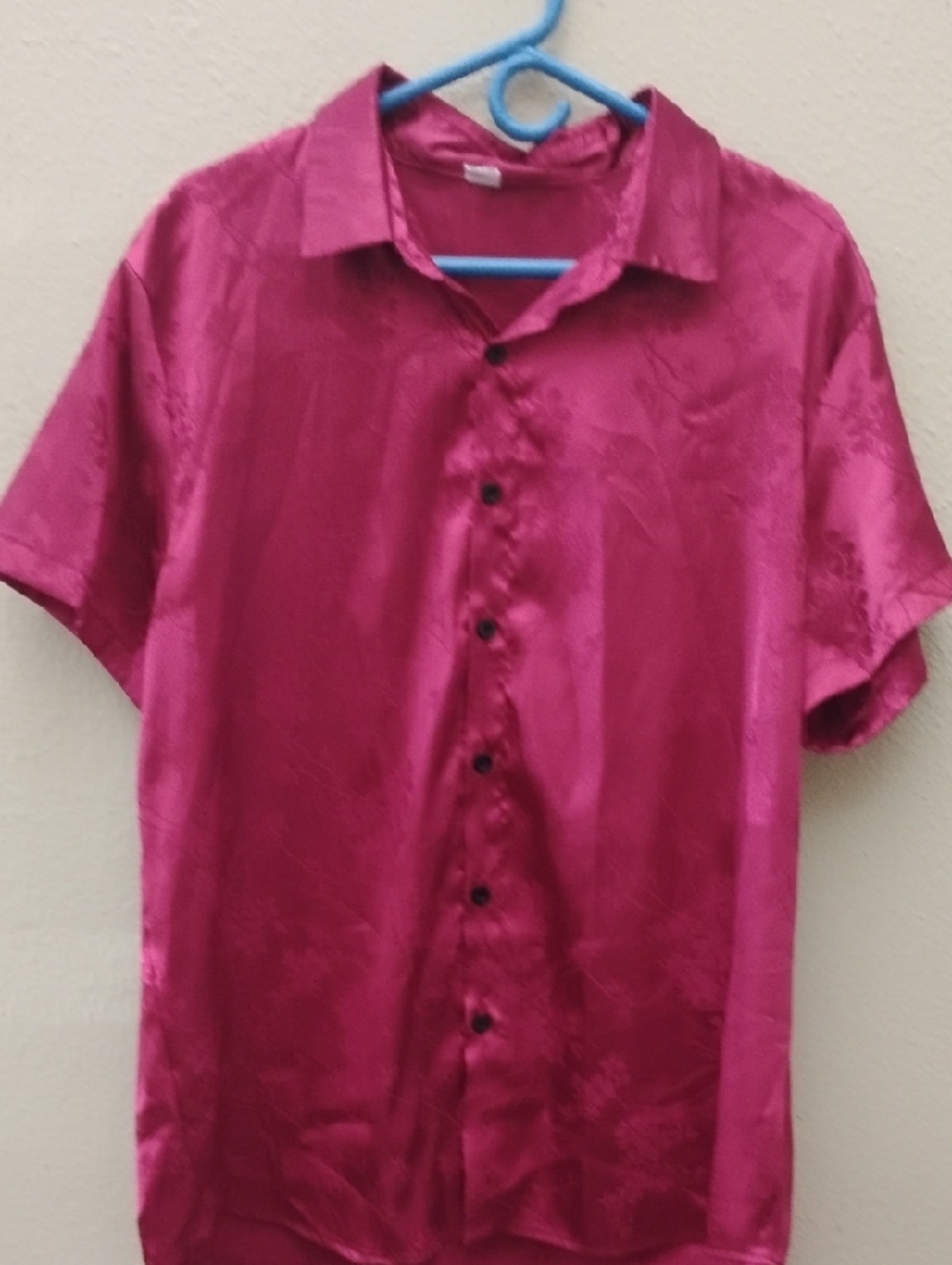 Men's Short-Sleeve Satin Shirt in Fuchsia - Classic Button-Up